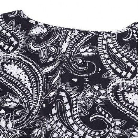 Trendy Round Collar Long Sleeve Ethnic Print Women T-shirt Dress (BLACK)