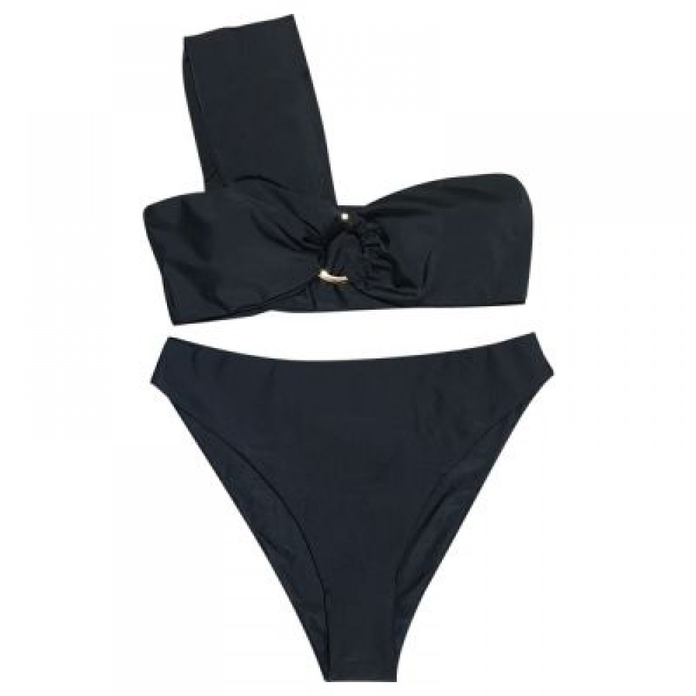One Shoulder Padded Solid Color High Waist Women Bikini Set (BLACK)