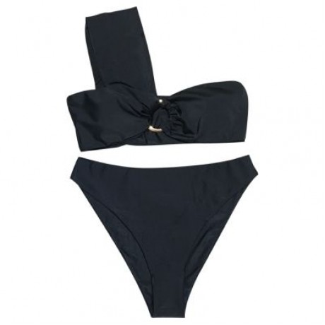 One Shoulder Padded Solid Color High Waist Women Bikini Set (BLACK)