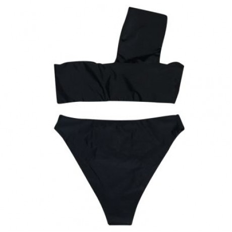 One Shoulder Padded Solid Color High Waist Women Bikini Set (BLACK)
