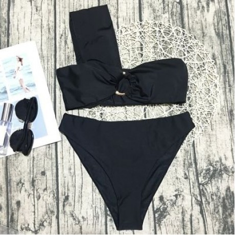 One Shoulder Padded Solid Color High Waist Women Bikini Set (BLACK)