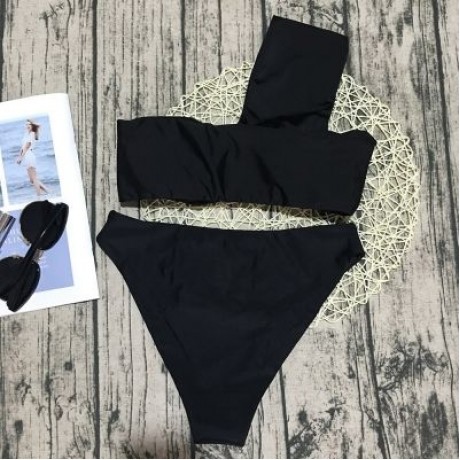 One Shoulder Padded Solid Color High Waist Women Bikini Set (BLACK)
