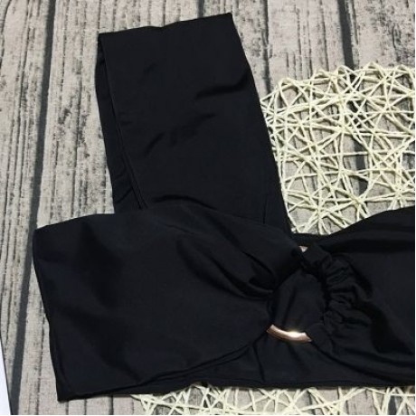 One Shoulder Padded Solid Color High Waist Women Bikini Set (BLACK)