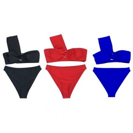 One Shoulder Padded Solid Color High Waist Women Bikini Set (BLACK)
