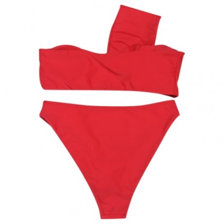 One Shoulder Padded Solid Color High Waist Women Bikini Set (FIRE ENGINE RED)