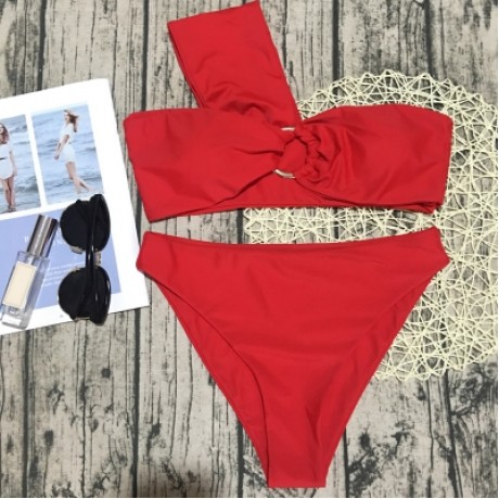 One Shoulder Padded Solid Color High Waist Women Bikini Set (FIRE ENGINE RED)