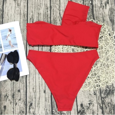 One Shoulder Padded Solid Color High Waist Women Bikini Set (FIRE ENGINE RED)