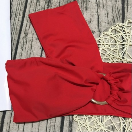 One Shoulder Padded Solid Color High Waist Women Bikini Set (FIRE ENGINE RED)