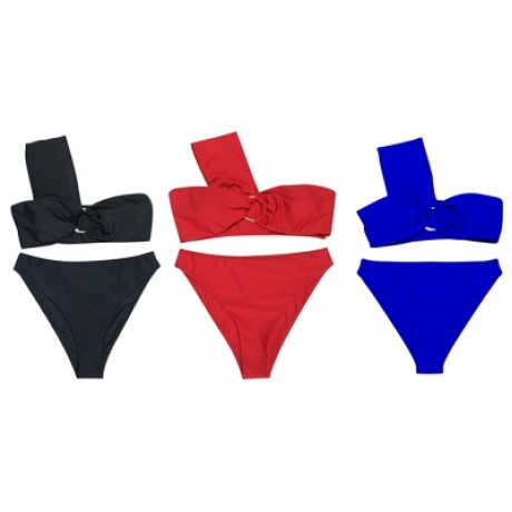 One Shoulder Padded Solid Color High Waist Women Bikini Set (FIRE ENGINE RED)