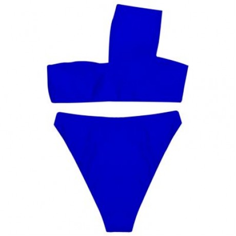 One Shoulder Padded Solid Color High Waist Women Bikini Set (COBALT BLUE)