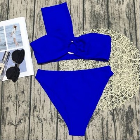 One Shoulder Padded Solid Color High Waist Women Bikini Set (COBALT BLUE)