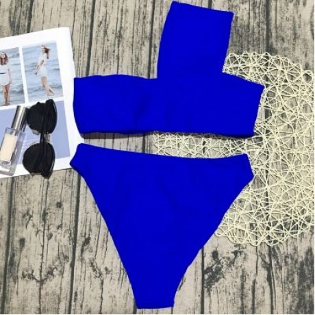 One Shoulder Padded Solid Color High Waist Women Bikini Set (COBALT BLUE)
