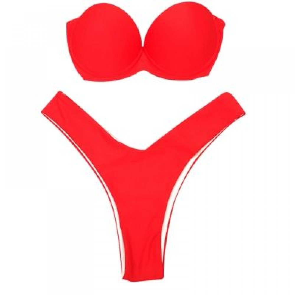 Women Sexy Tied Strap Lady Swimsuit Low Waist Two-piece Bikini Set (FIRE ENGINE RED)