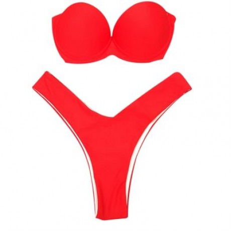 Women Sexy Tied Strap Lady Swimsuit Low Waist Two-piece Bikini Set (FIRE ENGINE RED)