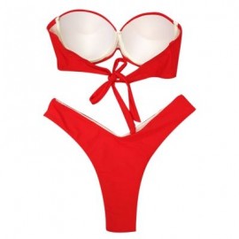 Women Sexy Tied Strap Lady Swimsuit Low Waist Two-piece Bikini Set (FIRE ENGINE RED)