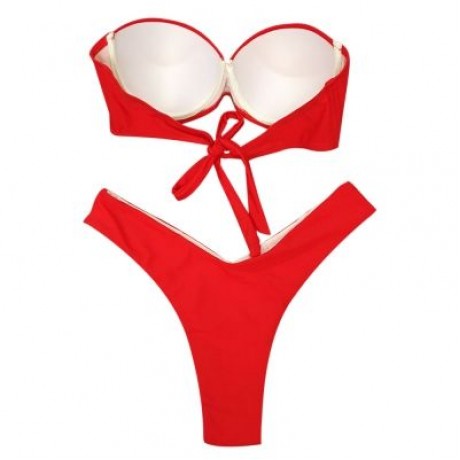 Women Sexy Tied Strap Lady Swimsuit Low Waist Two-piece Bikini Set (FIRE ENGINE RED)
