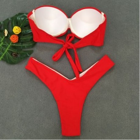 Women Sexy Tied Strap Lady Swimsuit Low Waist Two-piece Bikini Set (FIRE ENGINE RED)