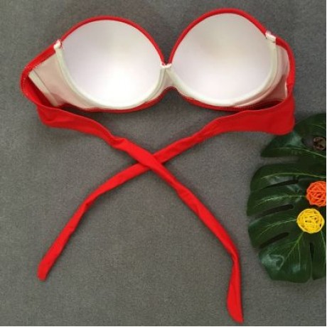 Women Sexy Tied Strap Lady Swimsuit Low Waist Two-piece Bikini Set (FIRE ENGINE RED)