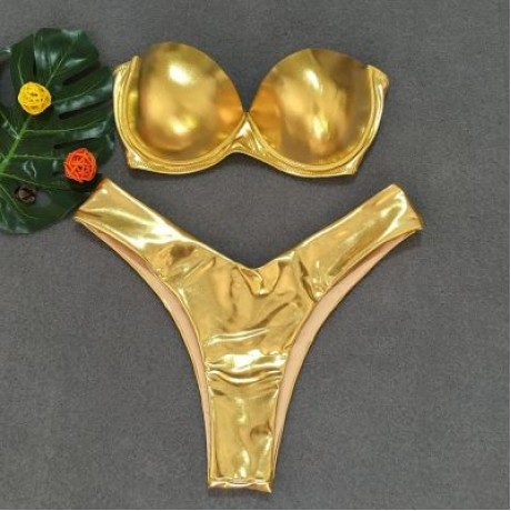 Women Sexy Tied Strap Lady Swimsuit Low Waist Two-piece Bikini Set (CHAMPAGNE GOLD)