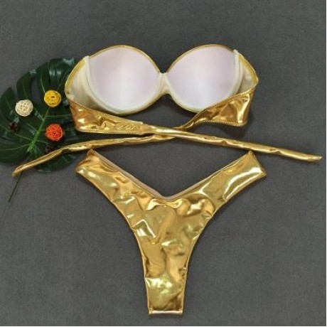 Women Sexy Tied Strap Lady Swimsuit Low Waist Two-piece Bikini Set (CHAMPAGNE GOLD)