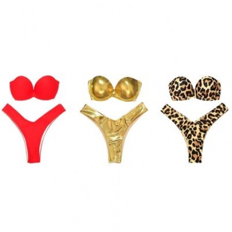 Women Sexy Tied Strap Lady Swimsuit Low Waist Two-piece Bikini Set (CHAMPAGNE GOLD)