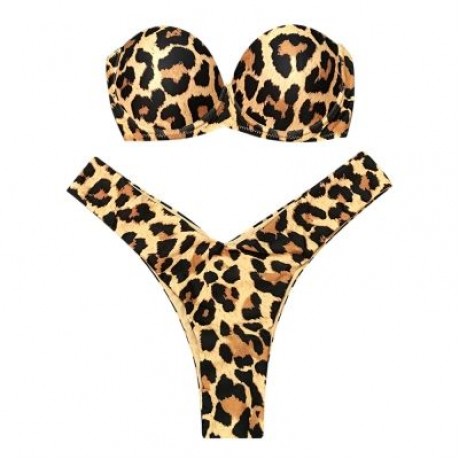 Women Sexy Tied Strap Lady Swimsuit Low Waist Two-piece Bikini Set (LEOPARD)