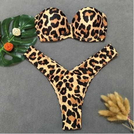Women Sexy Tied Strap Lady Swimsuit Low Waist Two-piece Bikini Set (LEOPARD)