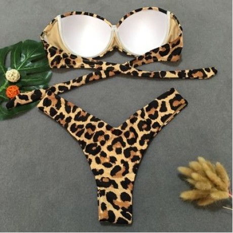 Women Sexy Tied Strap Lady Swimsuit Low Waist Two-piece Bikini Set (LEOPARD)