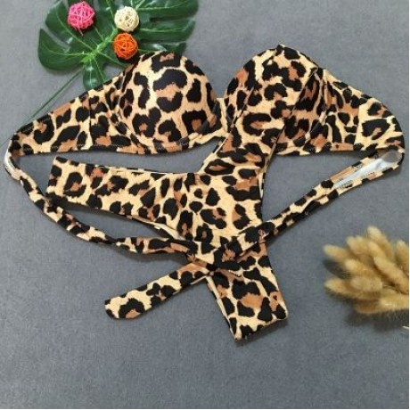 Women Sexy Tied Strap Lady Swimsuit Low Waist Two-piece Bikini Set (LEOPARD)