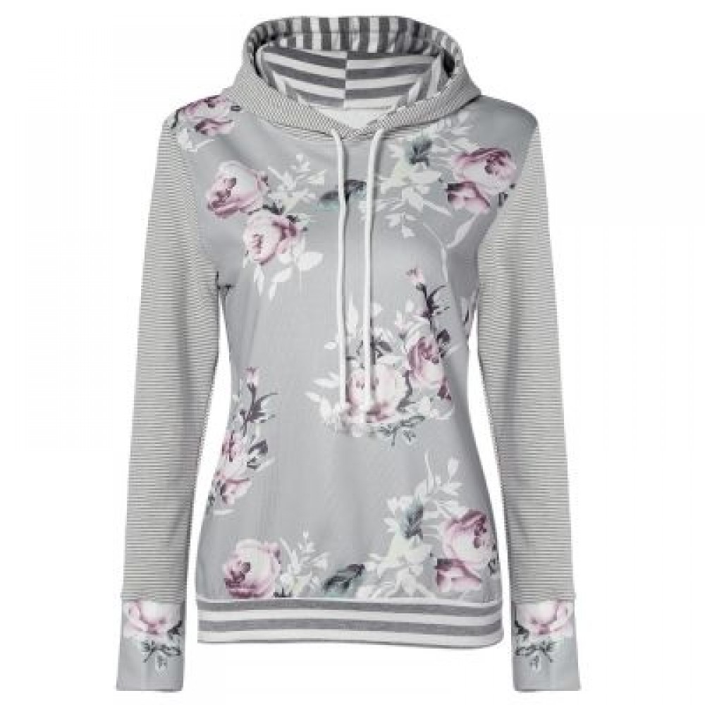 Hooded Long Sleeve Floral Print Stripe Women Hoodie (LIGHT GRAY)