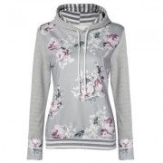 Hooded Long Sleeve Floral Print Stripe Women Hoodie (LIGHT GRAY)