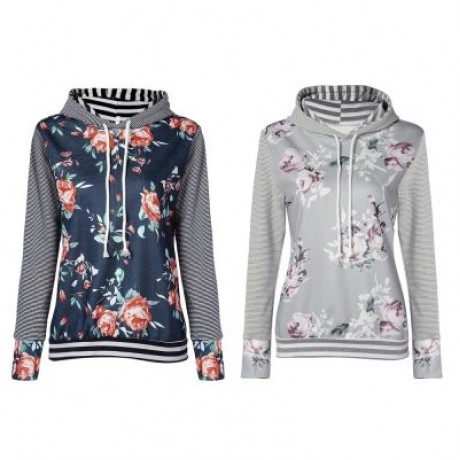 Hooded Long Sleeve Floral Print Stripe Women Hoodie (LIGHT GRAY)
