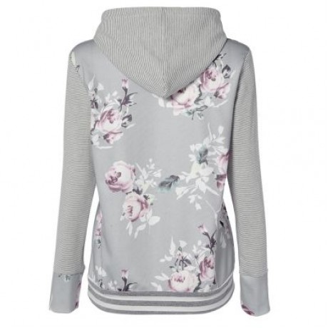 Hooded Long Sleeve Floral Print Stripe Women Hoodie (LIGHT GRAY)