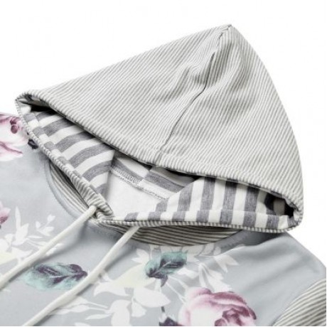 Hooded Long Sleeve Floral Print Stripe Women Hoodie (LIGHT GRAY)