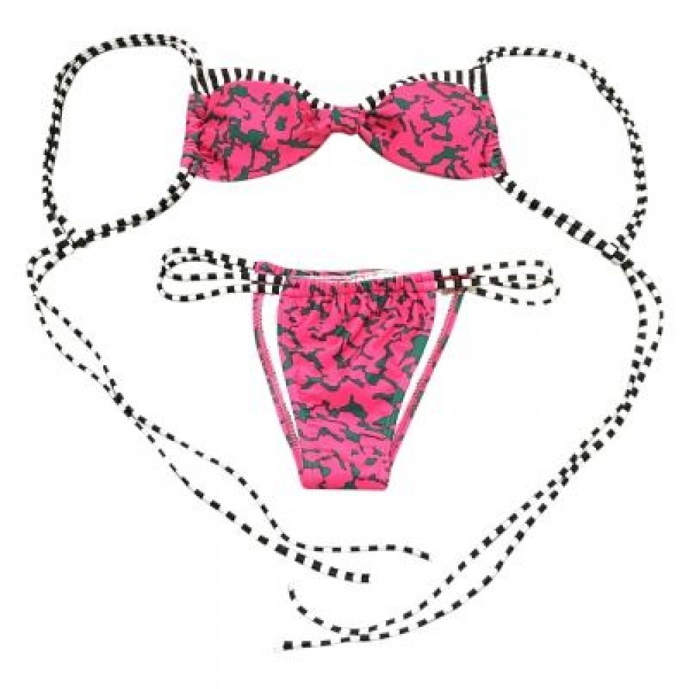 Spaghetti Strap Backless Padded Stripe Print Low Waist Women Bikini Set (ROSE RED)