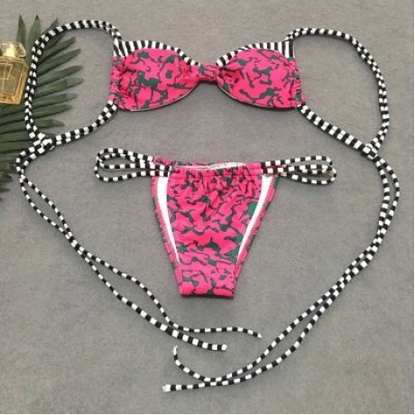 Spaghetti Strap Backless Padded Stripe Print Low Waist Women Bikini Set (ROSE RED)