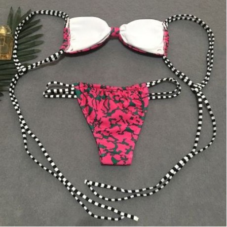 Spaghetti Strap Backless Padded Stripe Print Low Waist Women Bikini Set (ROSE RED)