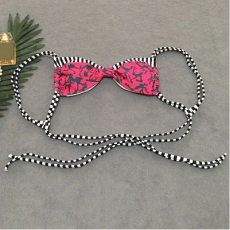 Spaghetti Strap Backless Padded Stripe Print Low Waist Women Bikini Set (ROSE RED)