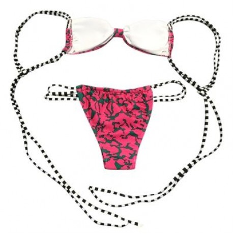 Spaghetti Strap Backless Padded Stripe Print Low Waist Women Bikini Set (ROSE RED)