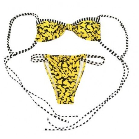 Spaghetti Strap Backless Padded Stripe Print Low Waist Women Bikini Set (YELLOW)