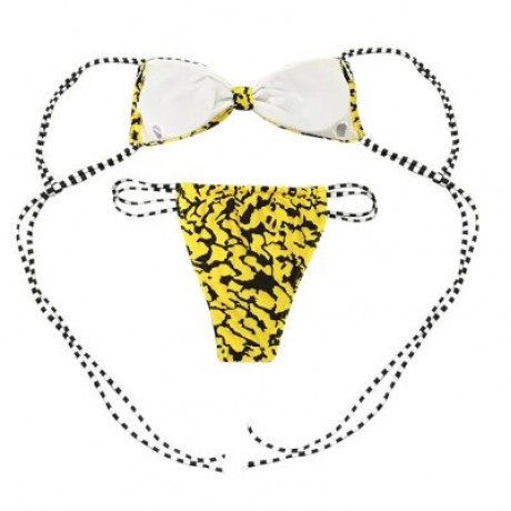 Spaghetti Strap Backless Padded Stripe Print Low Waist Women Bikini Set (YELLOW)