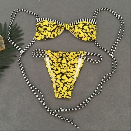 Spaghetti Strap Backless Padded Stripe Print Low Waist Women Bikini Set (YELLOW)