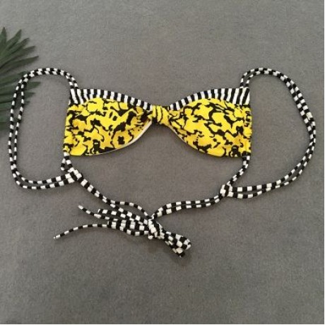 Spaghetti Strap Backless Padded Stripe Print Low Waist Women Bikini Set (YELLOW)