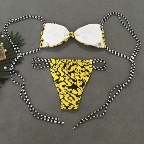 Spaghetti Strap Backless Padded Stripe Print Low Waist Women Bikini Set (YELLOW)