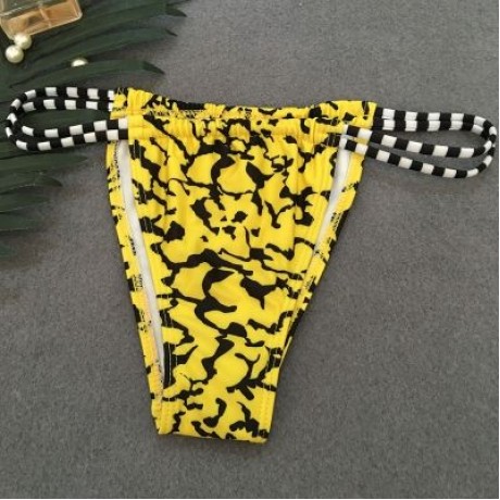 Spaghetti Strap Backless Padded Stripe Print Low Waist Women Bikini Set (YELLOW)