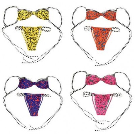 Spaghetti Strap Backless Padded Stripe Print Low Waist Women Bikini Set (YELLOW)