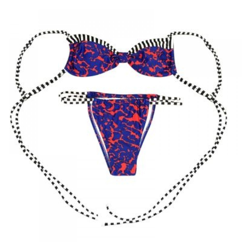 Spaghetti Strap Backless Padded Stripe Print Low Waist Women Bikini Set (COBALT BLUE)