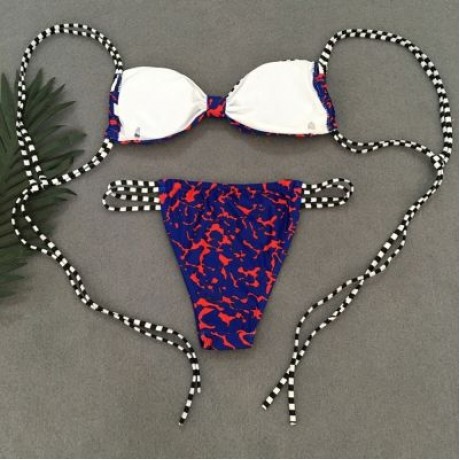 Spaghetti Strap Backless Padded Stripe Print Low Waist Women Bikini Set (COBALT BLUE)