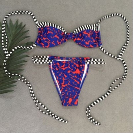 Spaghetti Strap Backless Padded Stripe Print Low Waist Women Bikini Set (COBALT BLUE)