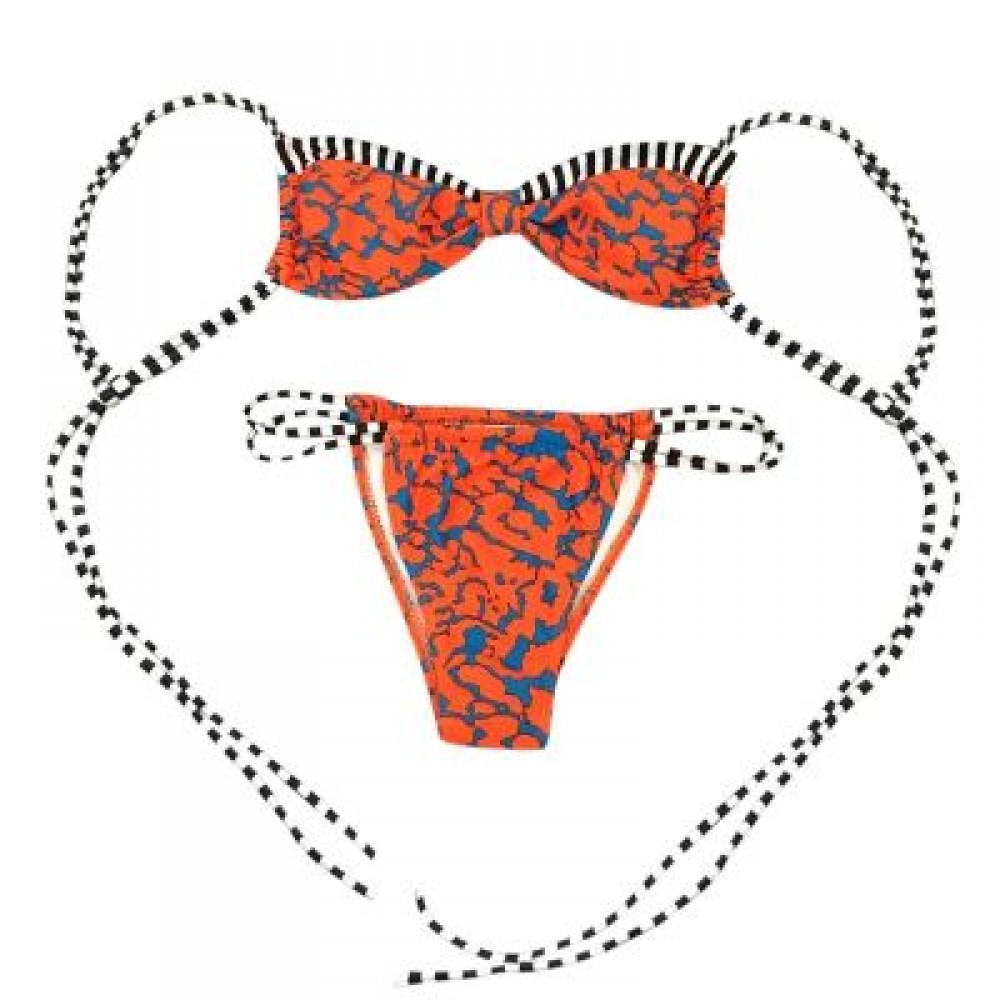 Spaghetti Strap Backless Padded Stripe Print Low Waist Women Bikini Set (TANGERINE)